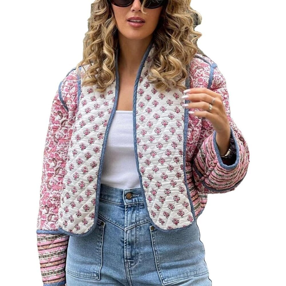🆕Women’s Pink Cropped Puffer Jacket Floral Printed Quilted Lightweight Coat